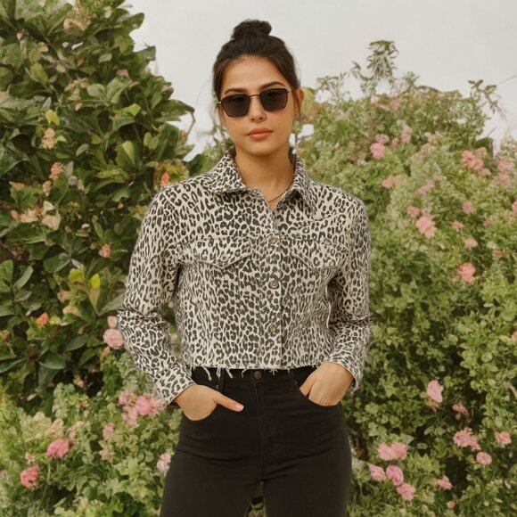 Pistola Naya Animal Print Cropped Jacket Leopard Raw Hem Oversized Classic Denim - Picture 3 of 14